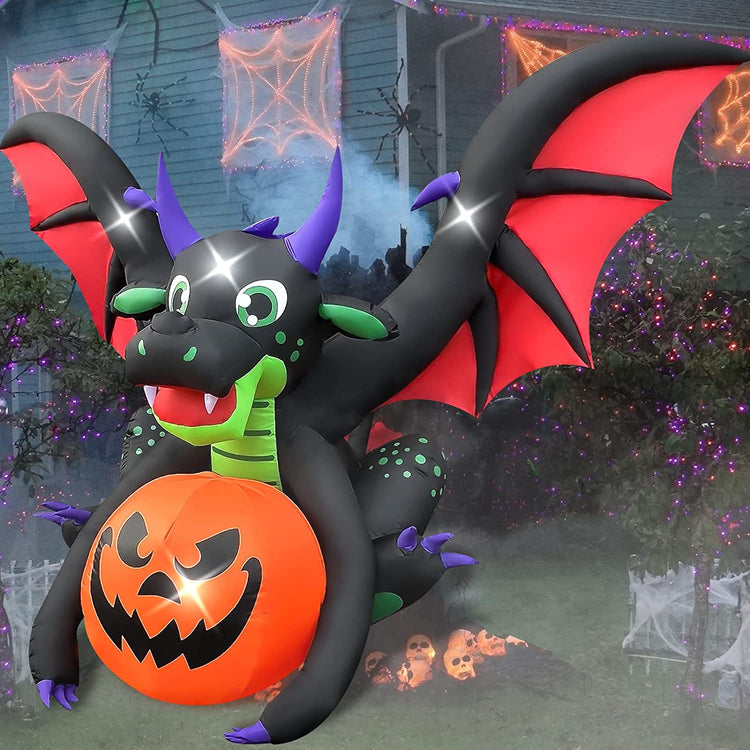 8.5 Ft Halloween Inflatables Dragon with Pumpkin Blow up Spooky Black Dragon Holiday Lighted Decoration for Indoor Outdoor & Yard Garden Lawn