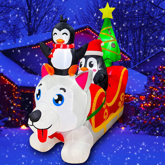 5 ft Inflatable Christmas Dog Sledding with Penguin and Christmas Tree for Garden Lawn Party Decor　