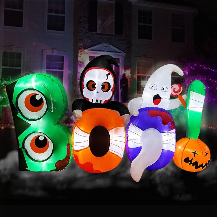 8ft Long Halloween Inflatable Decoration Boo with Skeleton, Ghost and Pumpkin LED Blow Up Lighted Decor Indoor Outdoor Holiday Art Decor Decorations