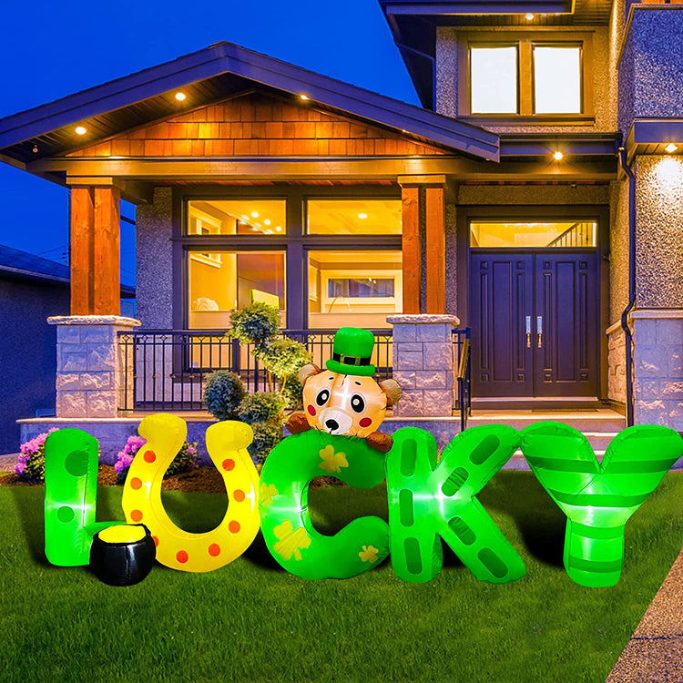 8Ft LED Light Up Inflatable St. Patrick's Day Lucky Bear with Gold Pot Decoration
