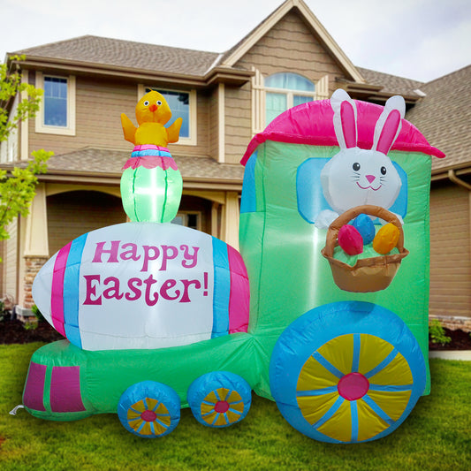 5FT SEASONBLOW Inflatable Easter Train with Bunny Basket Colorful Eggs Decorations.