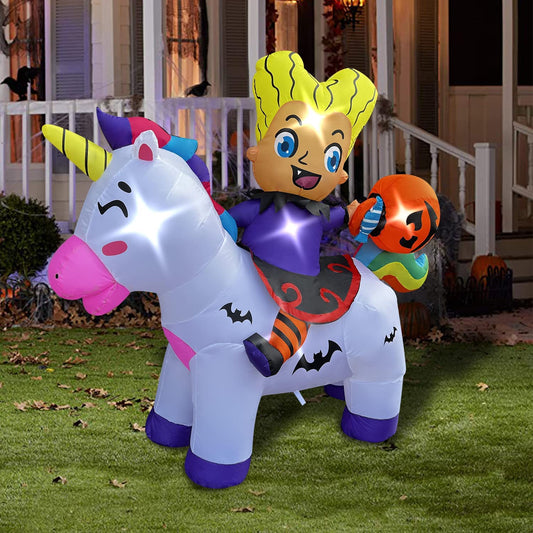 5 FT Halloween Inflatable Witch Riding Unicorn, LED Blow Up Lighted Decor Indoor Outdoor Holiday Art Decor Decorations