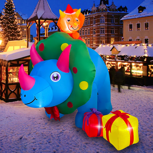 8FT Length Christmas Inflatables Triceratops Dinosaur with 2 Gift Wrapped Boxes Decoration LED Lighted Xmas Blow Up Rhino Family for Holiday Christmas Party Yard Garden