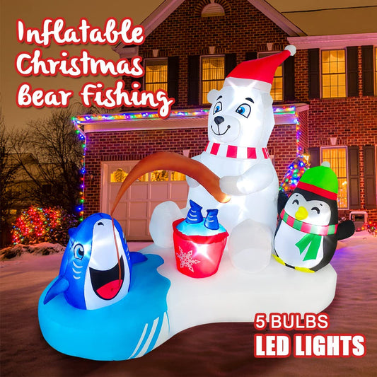 6ft Length Christmas Inflatable White Bear Penguin Fishing Decoration, LED Blow Up Lighted Decor