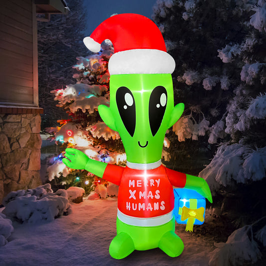 4 FT Christmas Inflatable Alien with Gift Box Decorations LED Lighted Xmas Blow Up for Party Indoor Outdoor Garden Yard Decor