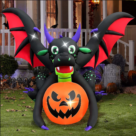 8.5 Ft Halloween Inflatables Dragon with Pumpkin Blow up Spooky Black Dragon Holiday Lighted Decoration for Indoor Outdoor & Yard Garden Lawn