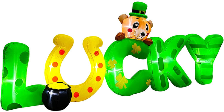8Ft LED Light Up Inflatable St. Patrick's Day Lucky Bear with Gold Pot Decoration
