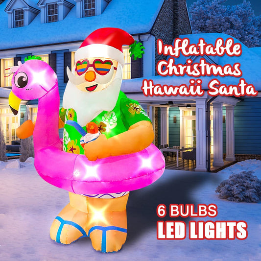 6ft Christmas Inflatable Hawaii Santa with Flamingo Pool Float Decoration