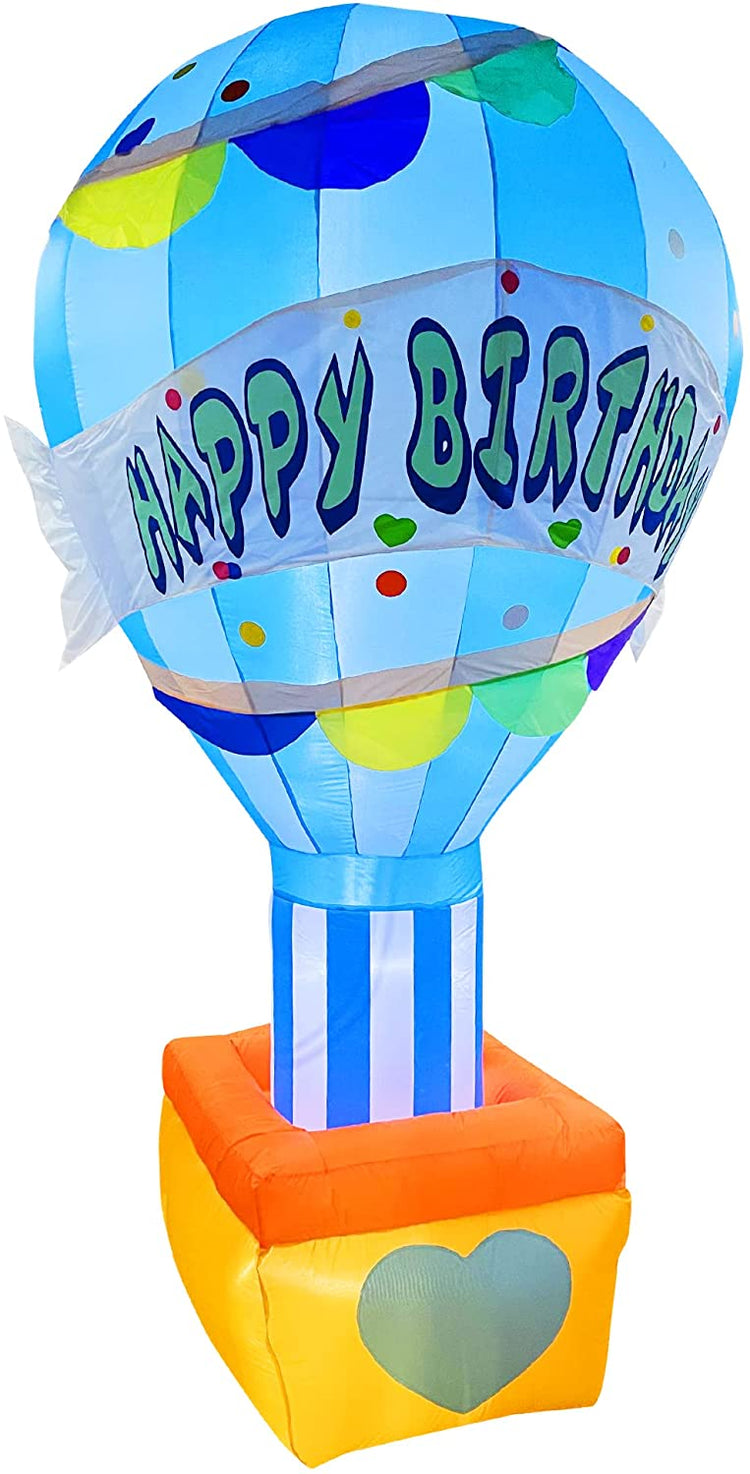 8 FT LED Light Up Inflatable Happy Birthday Blue Hot Air Balloon Decoration for Birthday Party Yard Lawn Display Home Celebration