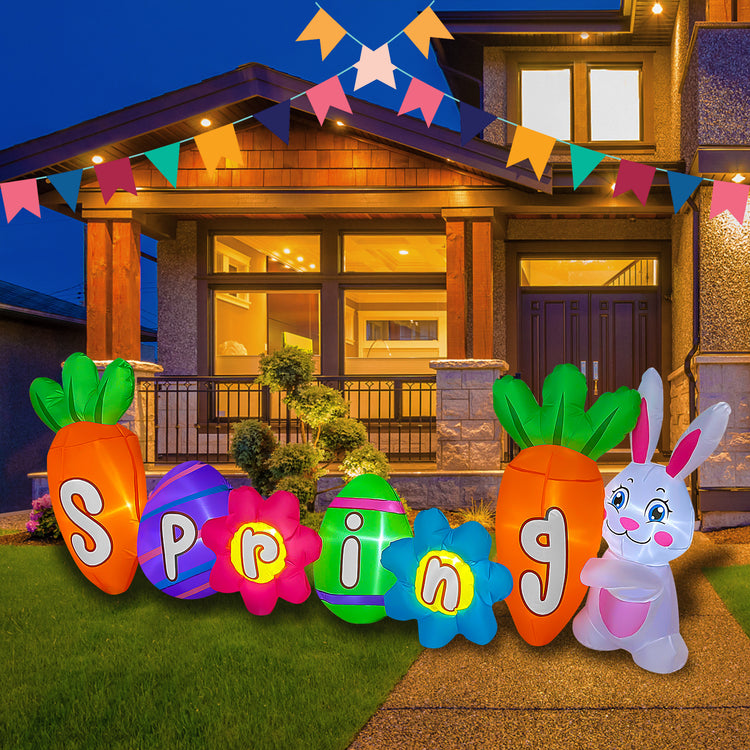 9 Ft Long Inflatable Easter Bunny with Spring Sign Decoration Build-in LED Blow Up Carrot and Eggs for Home Yard Lawn Garden Indoor Outdoor
