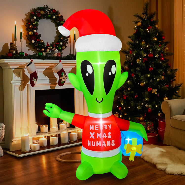 4 FT Christmas Inflatable Alien with Gift Box Decorations LED Lighted Xmas Blow Up for Party Indoor Outdoor Garden Yard Decor