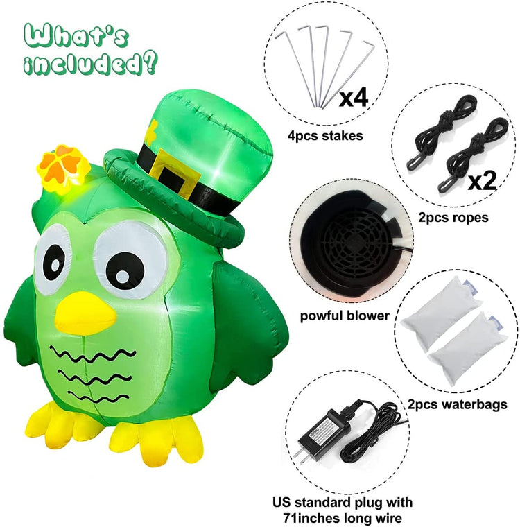 5.3ft Inflatable St. Patrick's Day Cute Owl Decoration, LED Blow Up Lighted Decor