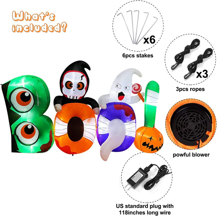 8ft Long Halloween Inflatable Decoration Boo with Skeleton, Ghost and Pumpkin LED Blow Up Lighted Decor Indoor Outdoor Holiday Art Decor Decorations