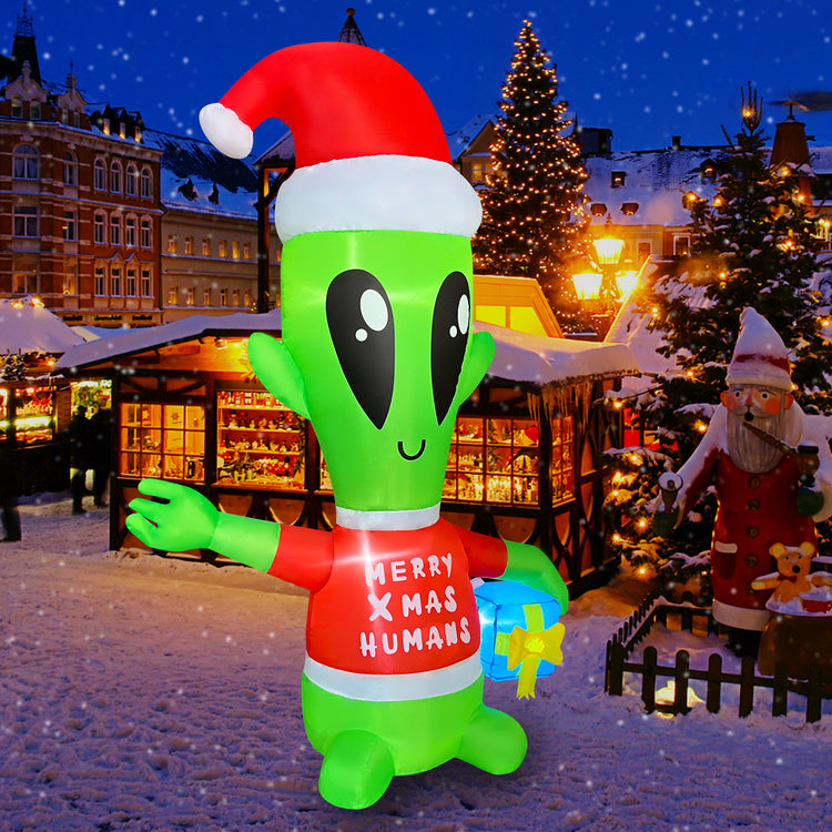 4 FT Christmas Inflatable Alien with Gift Box Decorations LED Lighted Xmas Blow Up for Party Indoor Outdoor Garden Yard Decor