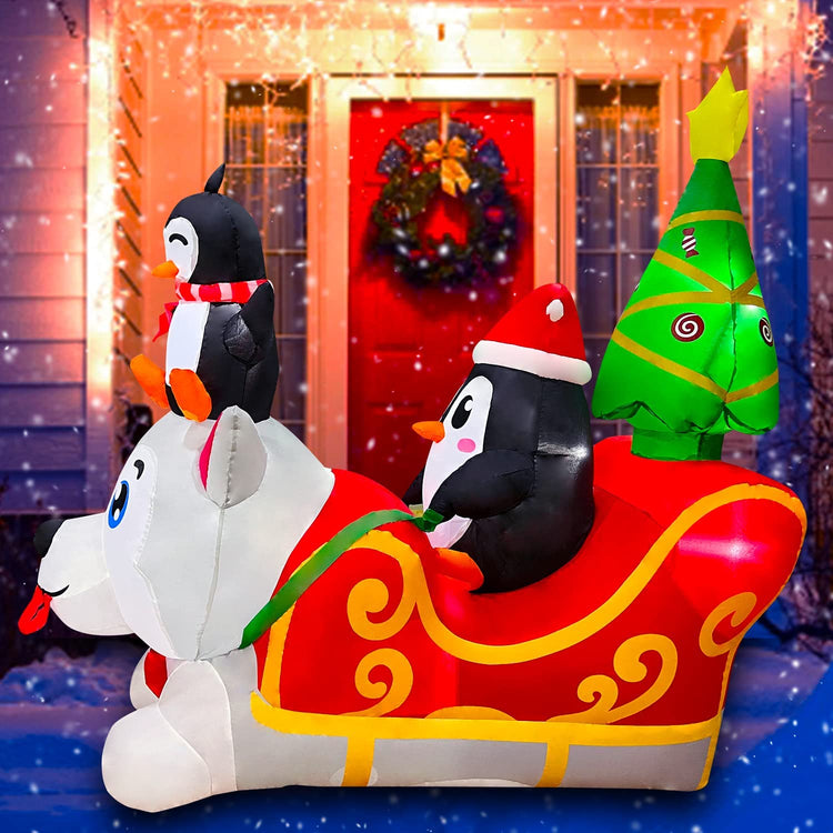 5 ft Inflatable Christmas Dog Sledding with Penguin and Christmas Tree for Garden Lawn Party Decor　