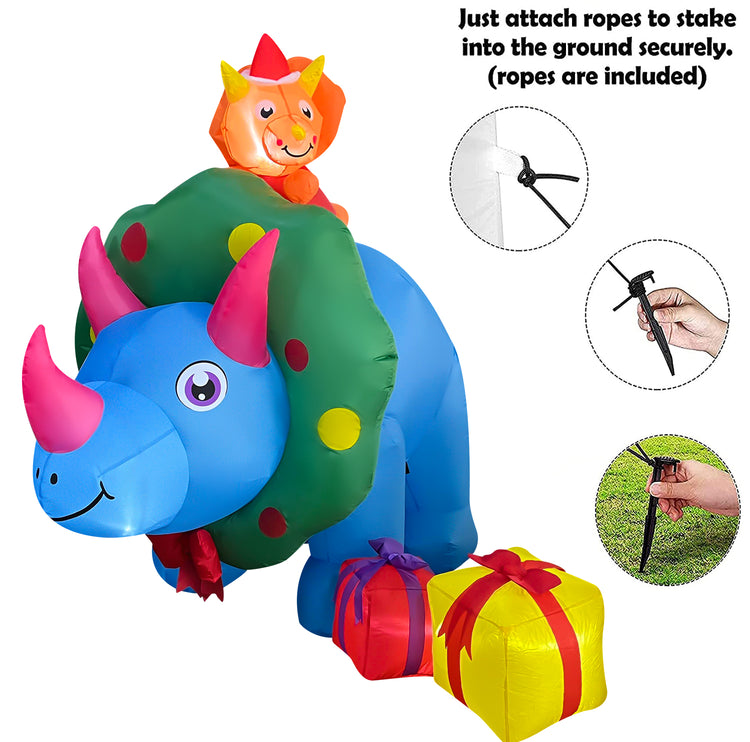 8FT Length Christmas Inflatables Triceratops Dinosaur with 2 Gift Wrapped Boxes Decoration LED Lighted Xmas Blow Up Rhino Family for Holiday Christmas Party Yard Garden