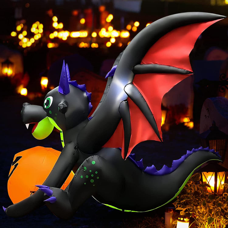 8.5 Ft Halloween Inflatables Dragon with Pumpkin Blow up Spooky Black Dragon Holiday Lighted Decoration for Indoor Outdoor & Yard Garden Lawn