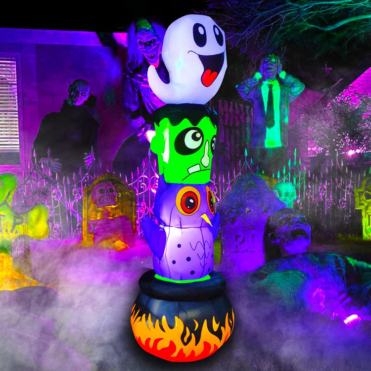 6 FT Seasonblow Halloween Inflatable Totem Pole with Ghost Frankenstein Monster Owl Cauldron Stacked Figures RGB LED Lighted Blow Up Decoration