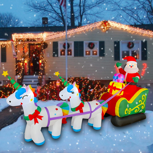 9 Ft LED Inflatable Christmas Unicorn Pull The Sleigh Take Santa Claus Xmas Decoration for Yard Lawn Garden Home Party Indoor Outdoor