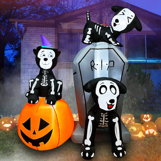 6 Ft Halloween Inflatables Tombstone Skeleton Dog Combo with Pumpkin Blow up Holiday Lighted Decoration for Indoor Outdoor & Yard Garden Lawn