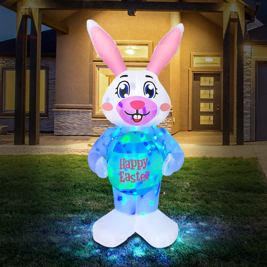 6 Foot Rotating Colorful Lights Inflatable Happy Easter Bunny with Egg Decoration for Indoor Outdoor Blow Up Lawn Yard Decor