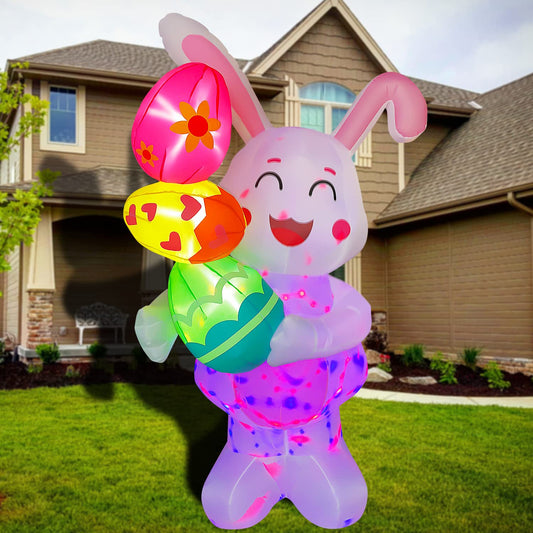 6FT Inflatable Easter Bunny Holding Egg Decoration Blow Up Decoration LED Lighted for Lawn Yard Indoor Holidayndoor Outdoor Home Party