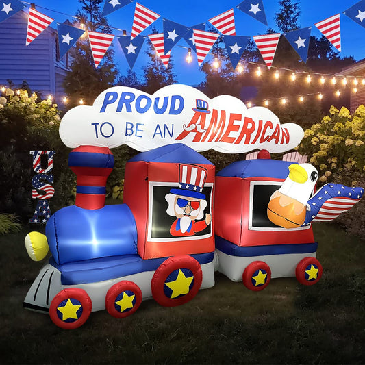 8 FT Independence Day Inflatable Uncle Sam Sitting on Train with Eagle Decorations Patriotic 4th of July for Home Yard Lawn Garden