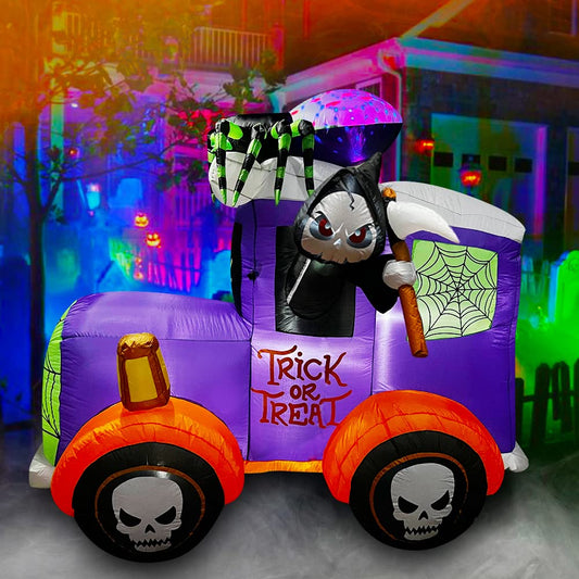 7 Ft Halloween Inflatable Grim Reaper Driving A Car with Spider LED Blow Up Lighted Decor Indoor Outdoor Holiday Art Decor Decorations