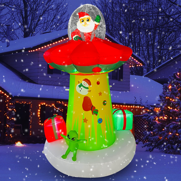 6 Ft LED Light Up Inflatable Christmas Santa Claus in UFO with Gift Boxes Decoration for Yard Lawn Garden Home Party Indoor Outdoor