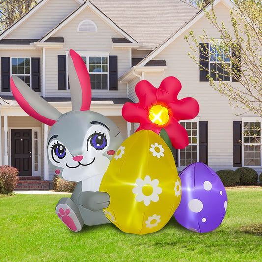 5ft Inflatable Easter Bunny with Flower and Egg Decoration, LED Lighted for Indoor Outdoor Blow Up Lawn Yard Decor