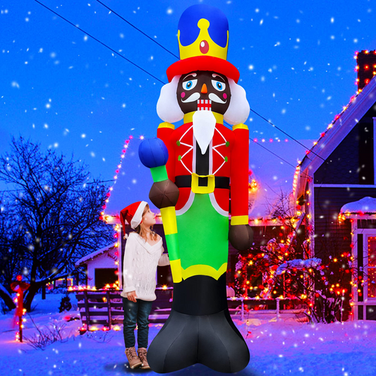 12 Ft LED Light Up Inflatable Christmas Black Nutcracker Soldier with Scepter Decoration for Yard Lawn Garden Home Party Indoor Outdoor