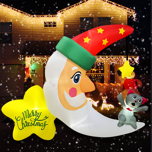 SEASONBLOW 6 Ft Christmas Inflatable Moon Santa Claus with Cat Decoration Lighted Blow Up for Yard Lawn Garden Home Party Indoor Outdoor