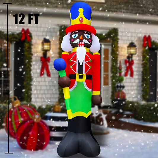 12 Ft LED Light Up Inflatable Christmas Black Nutcracker Soldier with Scepter Decoration for Yard Lawn Garden Home Party Indoor Outdoor