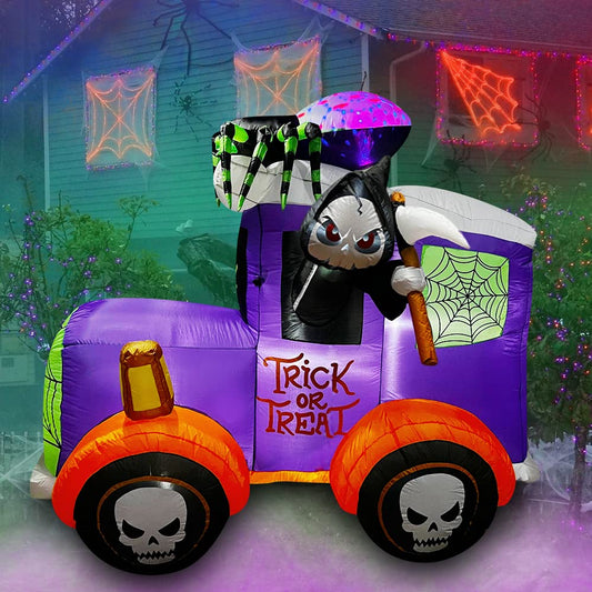 7 Ft Halloween Inflatable Grim Reaper Driving A Car with Spider LED Blow Up Lighted Decor Indoor Outdoor Holiday Art Decor Decorations