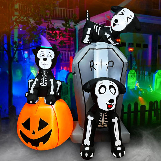 6 Ft Halloween Inflatables Tombstone Skeleton Dog Combo with Pumpkin Blow up Holiday Lighted Decoration for Indoor Outdoor & Yard Garden Lawn