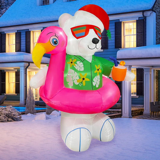 6ft Christmas Inflatable Hawaiian Polar Bear with Flamingo Pool Float Decoration, LED Blow Up Lighted Decor Indoor Outdoor Holiday Art Decor Decorations