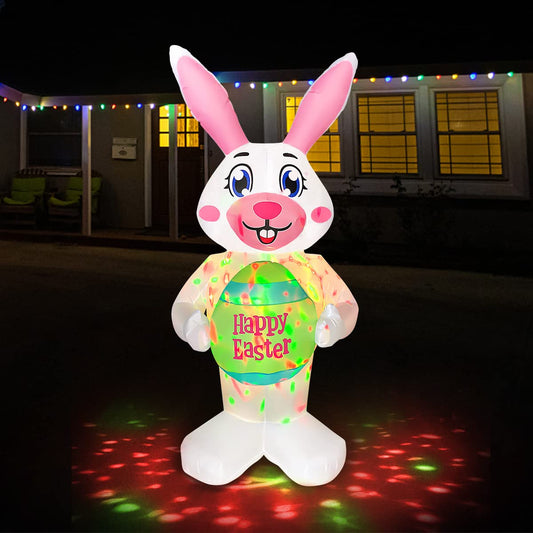 6 Foot Rotating Colorful Lights Inflatable Happy Easter Bunny with Egg Decoration for Indoor Outdoor Blow Up Lawn Yard Decor