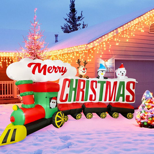 9ft Inflatable Santa Train with Penguin Reindeer Bear Decorations, Merry Christmas Sign LED Blow Up Lighted Decor Indoor Outdoor Holiday Decor