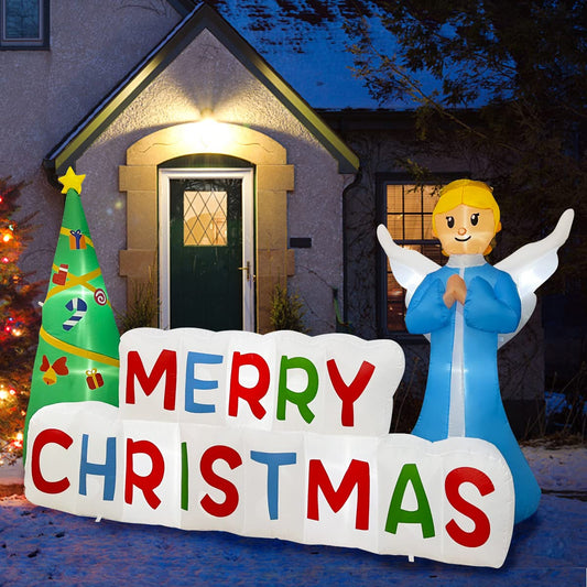 8.8ft Christmas Inflatable Angel Prayer & Christmas Tree with Merry Christmas Banner Decoration, LED Blow Up Lighted Decor Indoor Outdoor Holiday Art Decor