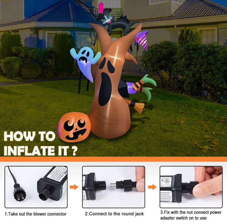 8 Ft Halloween Inflatable Witch Hits Dead Tree with Ghosts Pumpkins and Black Cat Decoration Blow up Decor for Lawn Patio Indoor Outdoor Home Yard Party