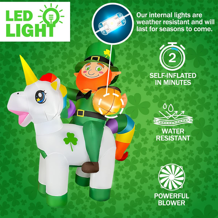 5ft Inflatable St Patricks Day Leprechaun Riding Unicorn Decoration LED Blow Up Lighted Decor Indoor Outdoor Holiday Art Decor