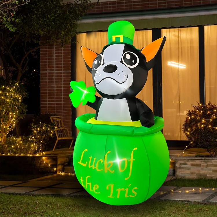 5Ft Inflatable St Patricks Day Bulldog Hold Shamrock Sitting on The Gold Pot Decoration